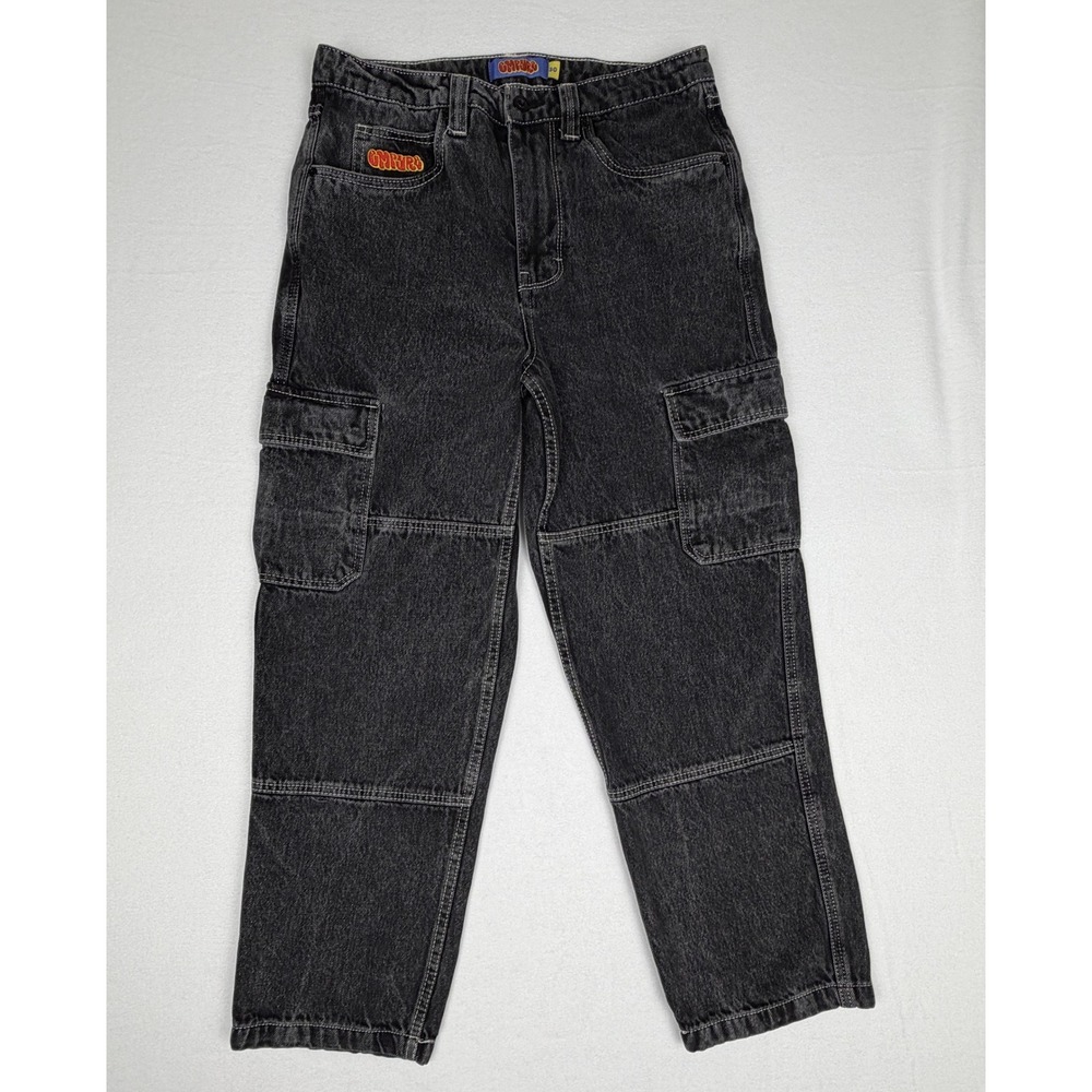 Empyre Loose Fit Cargo Jeans Mens 30 Black Washed Contrast Stitch Skater Denim